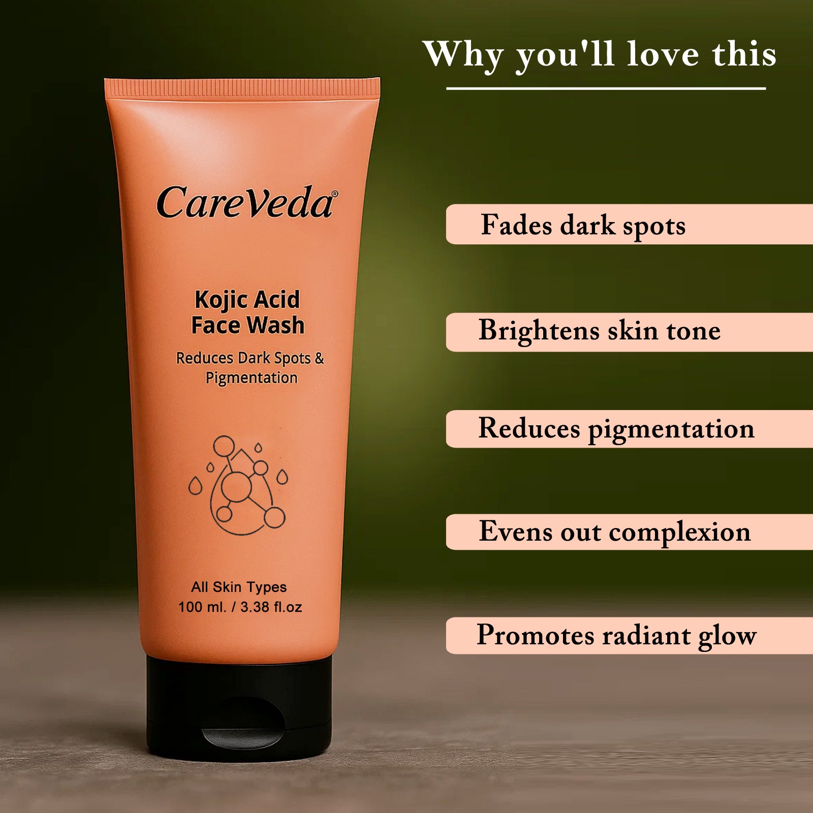 CareVeda Kojic Acid Face Wash For Reduces Dark Spots &amp; Pigmentation Suitable For All Skin Types 100gm