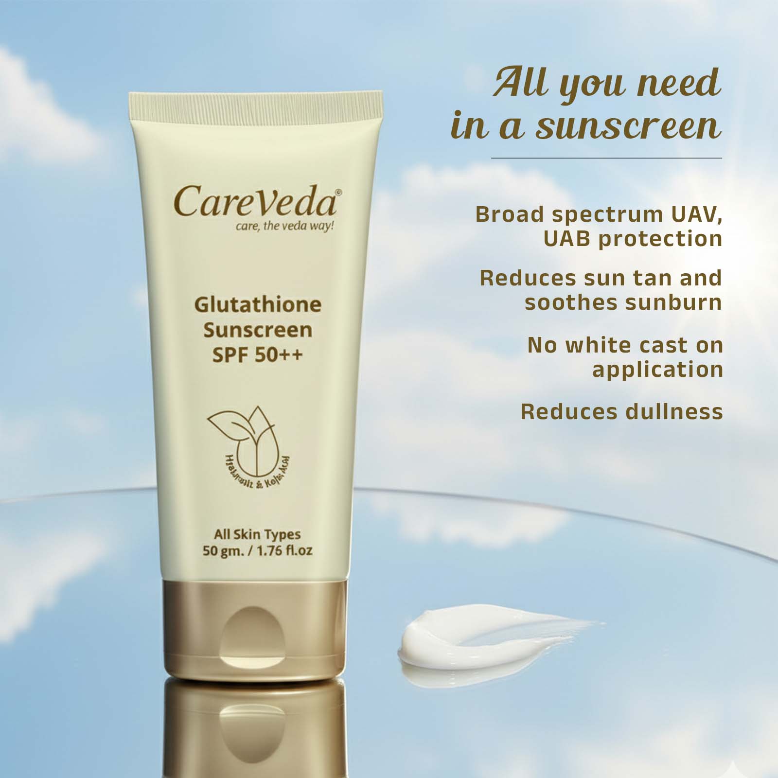 CareVeda Glutathione Sunscreen SPF 50++ Enriched with Hyaluronic &amp; Kojic Acid For All Skin Types 50gm