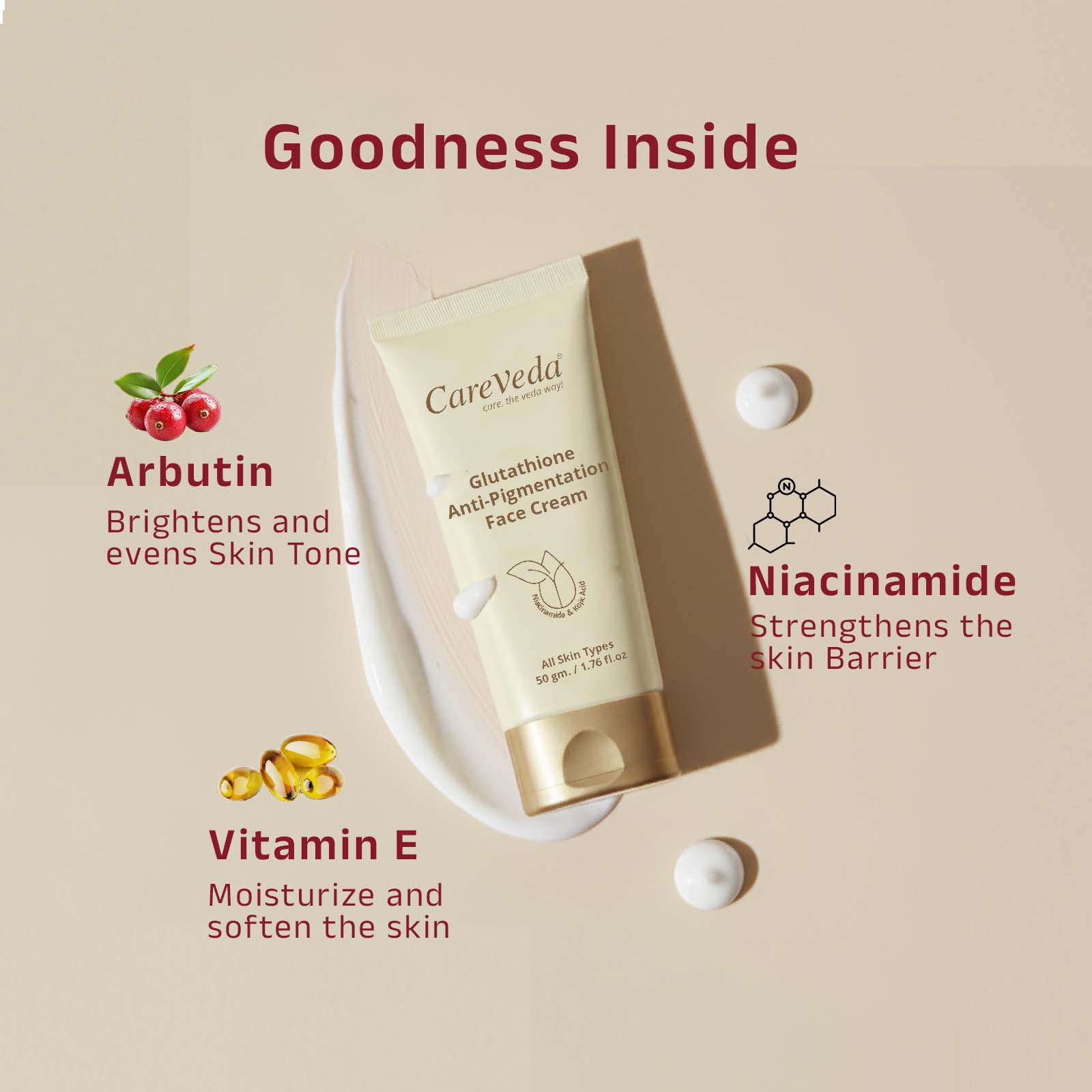 CareVeda Glutathione Anti-Pigmentation Face Cream Enriched with Kojic Acid &amp; Niacinamide  50gm
