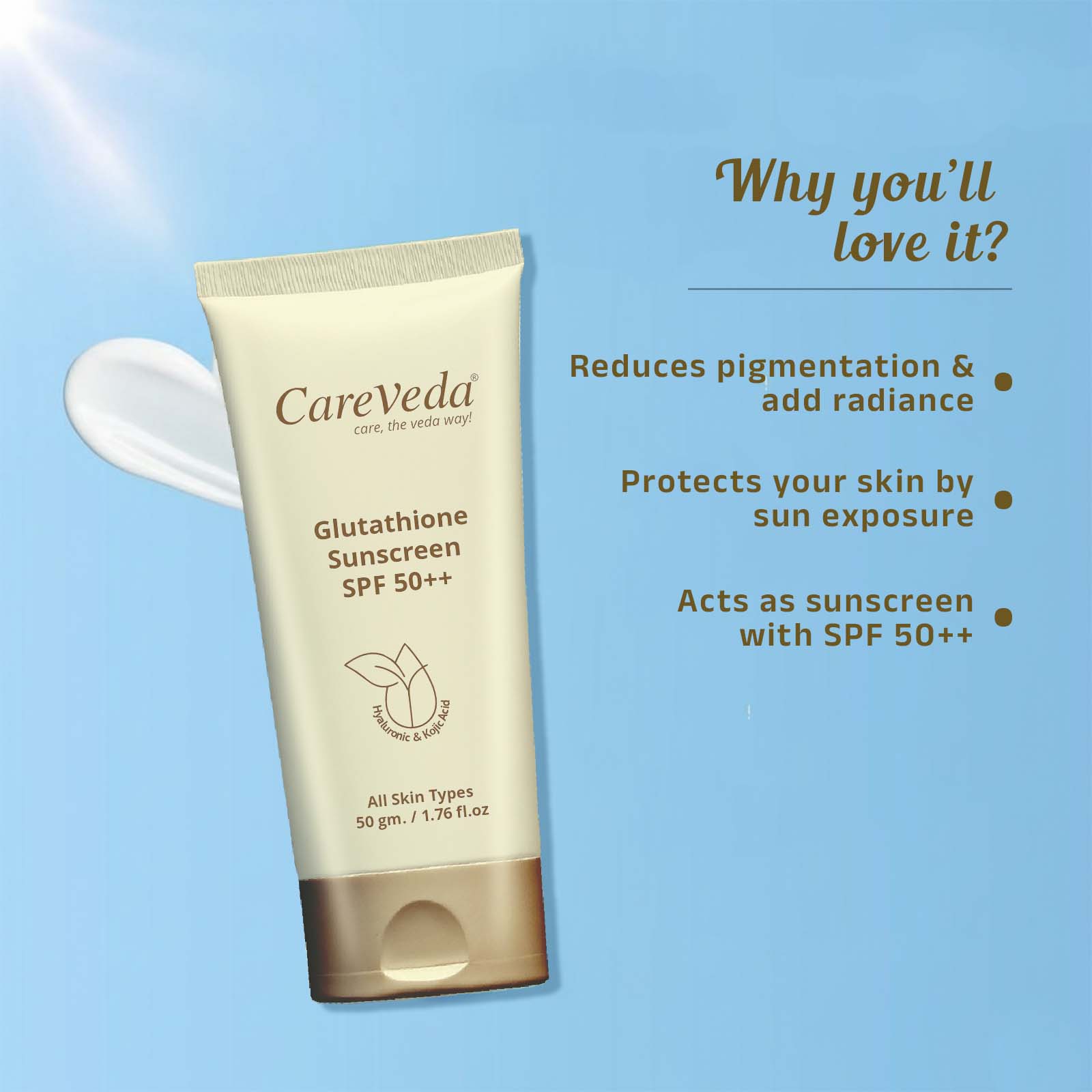 CareVeda Glutathione Sunscreen SPF 50++ Enriched with Hyaluronic &amp; Kojic Acid For All Skin Types 50gm