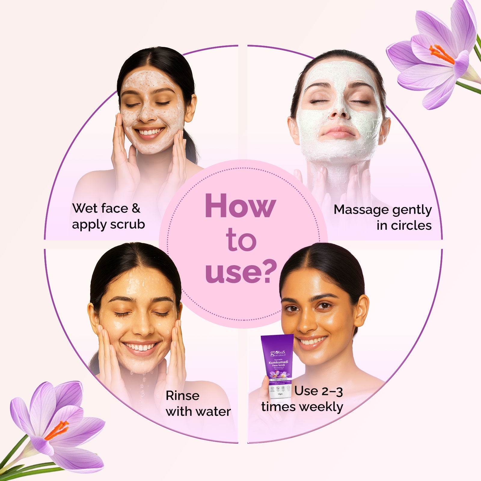 Globus Naturals Ayurvedic Kumkumadi Skin Lightening Face Scrub, Enriched with Walnut &amp; Lotus Extract, Chemical Free, Cruelty Free, Suitable For All Skin Types, 50 gm
