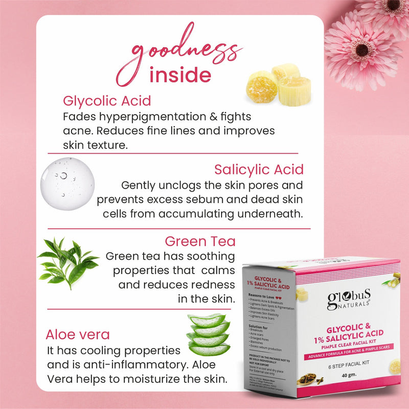 Globus Naturals Anti Acne Glycolic Face Care Combo- Face Cream 50gm, Facial Kit 40gm, Set of 2