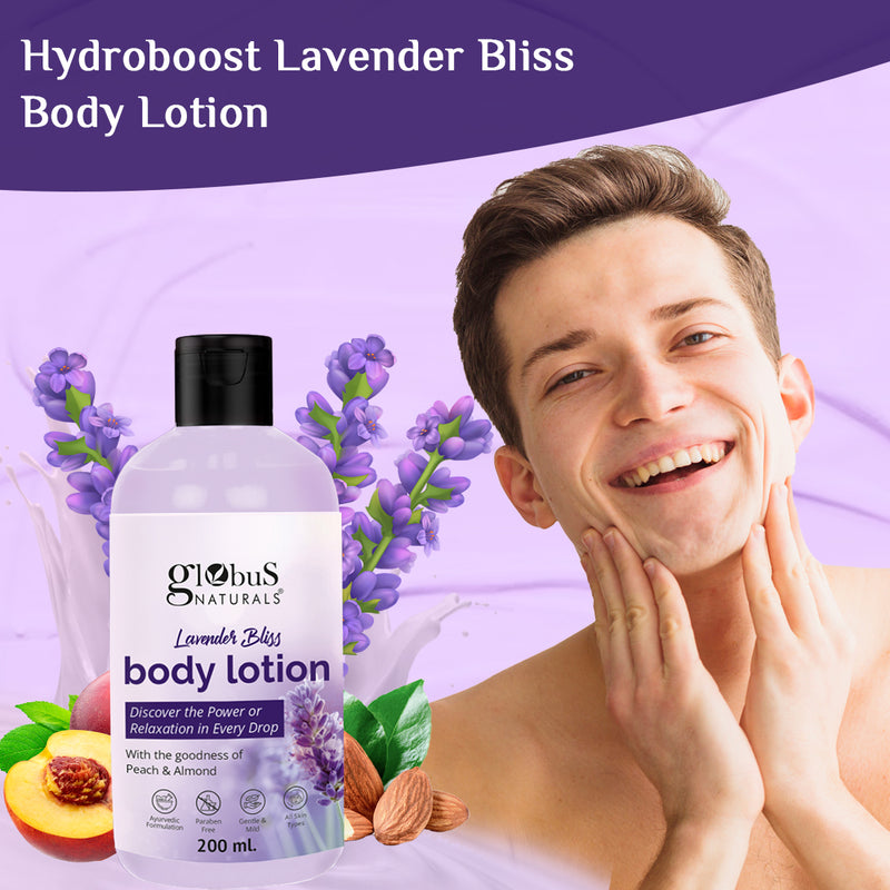 "Globus Naturals Lavender Bliss Body Lotion, Enriched with Coconut Oil and Cucumber Extracts, Ayurvedic Preparation, Paraben Free, Gentle & Mild, Suitable For All Skin Types, 200 ml "