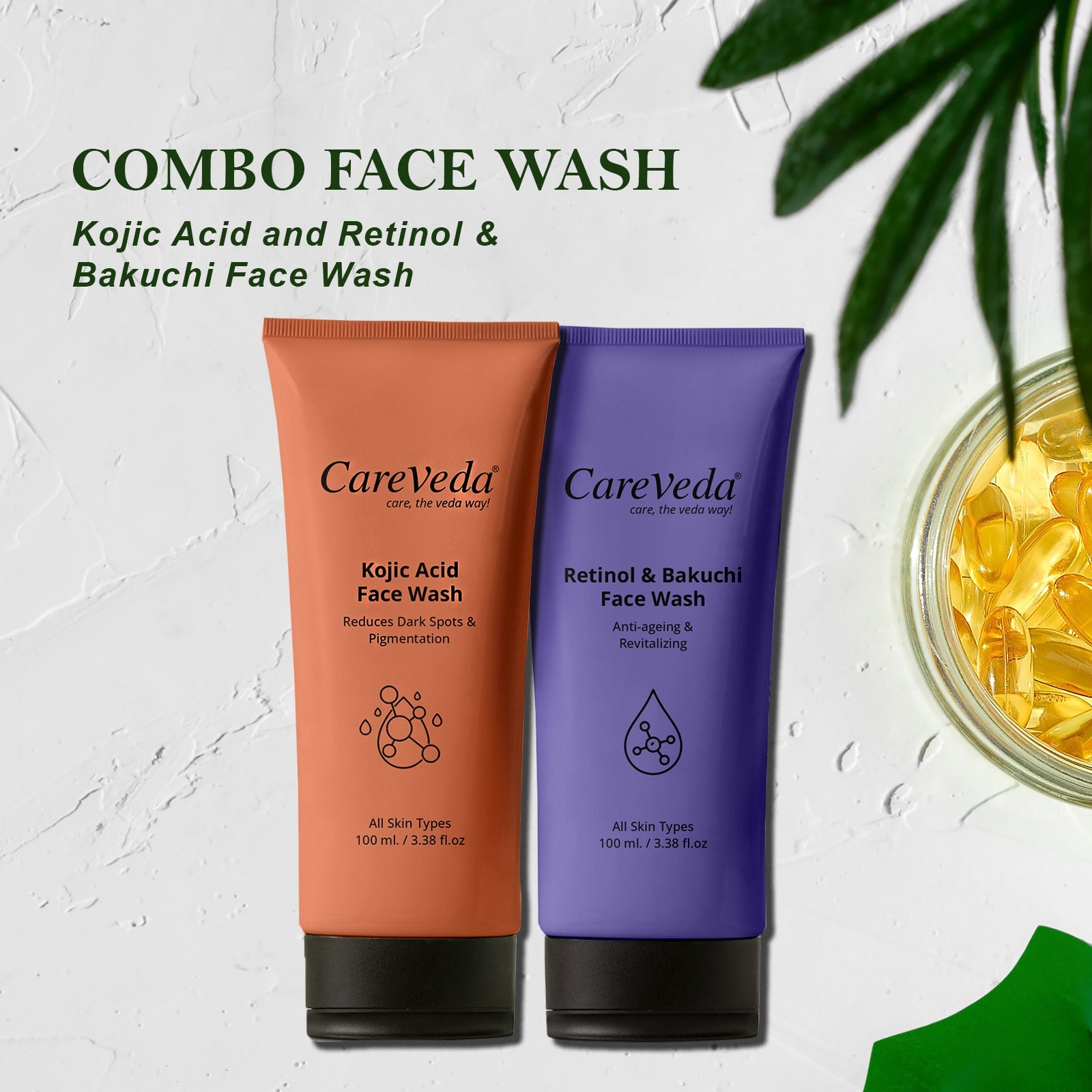 CareVeda Skin Radiance Combo – Kojic Acid, Retinol &amp; Bakuchi Face Wash (Set of 2)