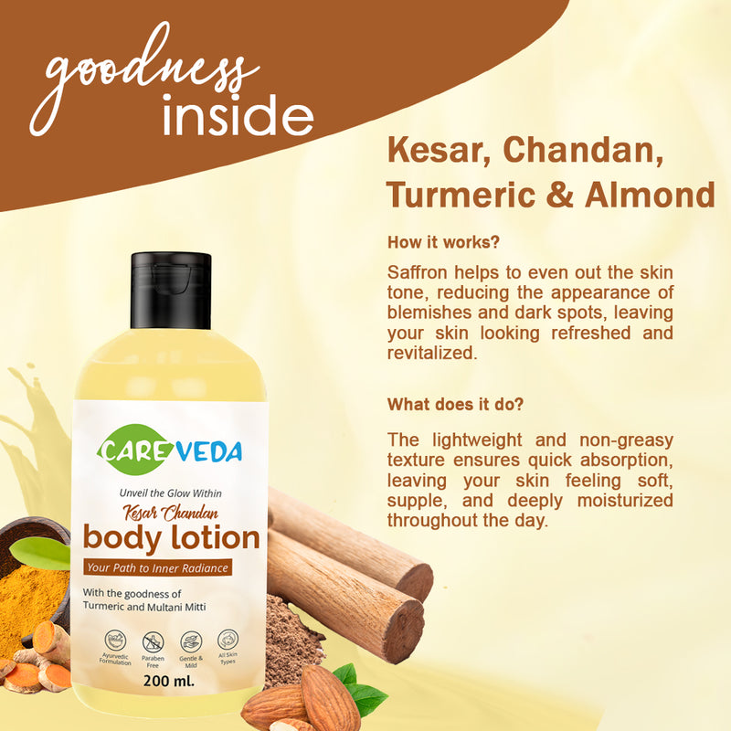 CareVeda Body Lotion Combo Set of 2 - Rose Delight 200 ml, Kesar Chandan 200 ml, For All Skin Types