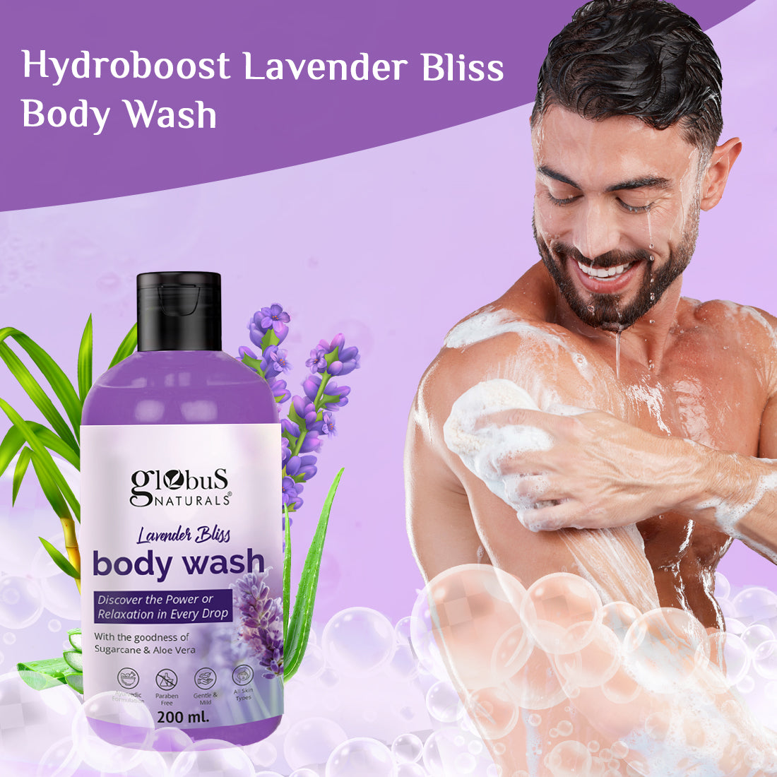 Globus Naturals Lavender Body Wash, with goodness of Sugarcane and Aloe Vera, Ayurvedic Preparation, Paraben Free, Gentle &amp; Mild, Suitable For All Skin Types, 200 ml