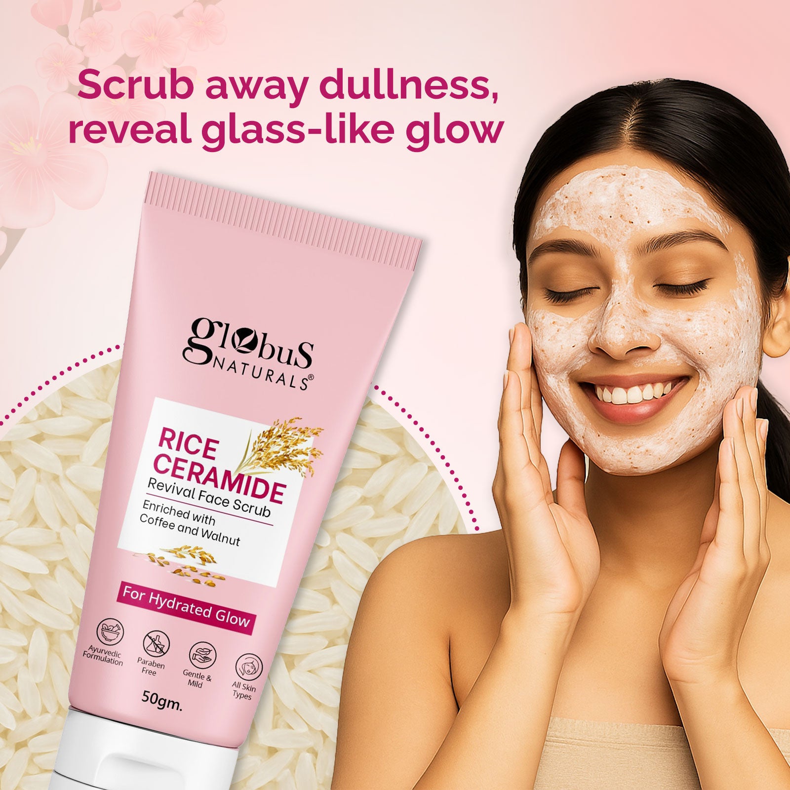 Globus Naturals Rice Ceramide Revival Scrub For Hydrated Glow Skin, Enriched With Coffee &amp; Wallnut, Suitable for All Skin Types 50gm