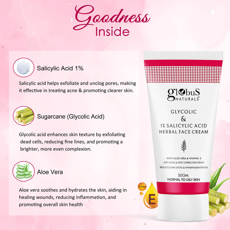 Globus Naturals Skin Brightening & Anti Acne Face Care Combo- Kumkumadi, Kesar Chandan, Glycolic Face Cream 50 gm, Combo Pack, Set of 3