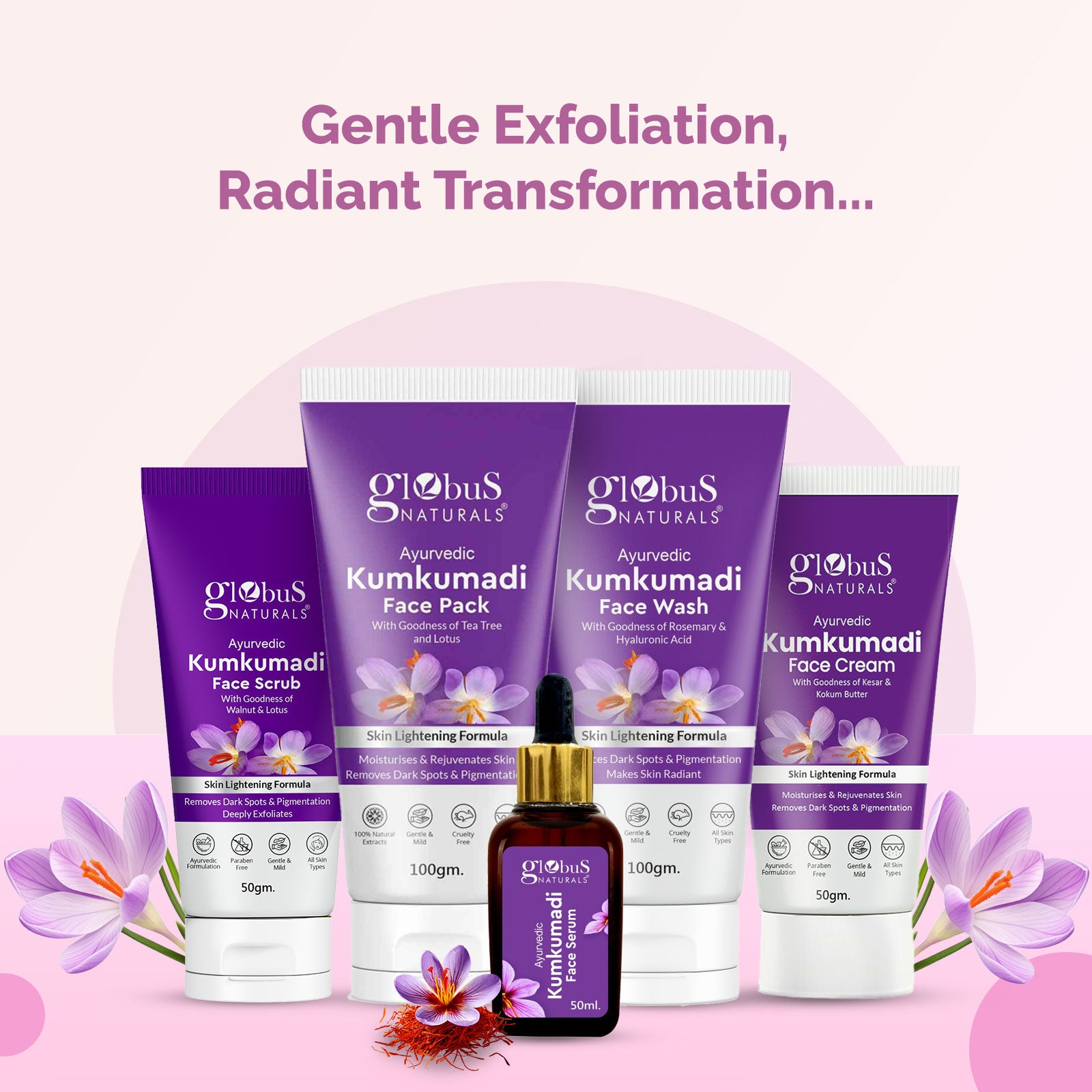 Globus Naturals Ayurvedic Kumkumadi Skin Lightening Face Scrub, Enriched with Walnut &amp; Lotus Extract, Chemical Free, Cruelty Free, Suitable For All Skin Types, 50 gm