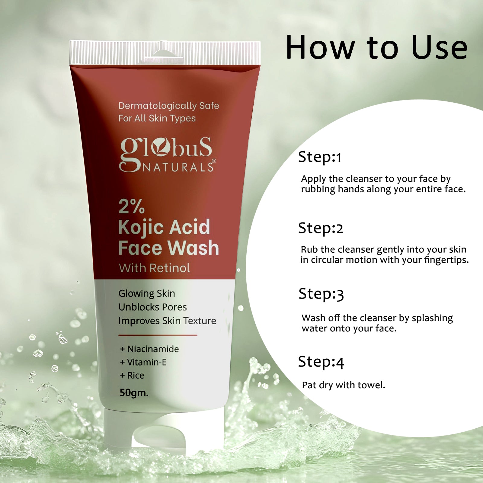 Globus Naturals 2% Kojic Acid Face Wash Enriched with Retinol &amp; Niacinamide Suitable for All Skin Types 50gm