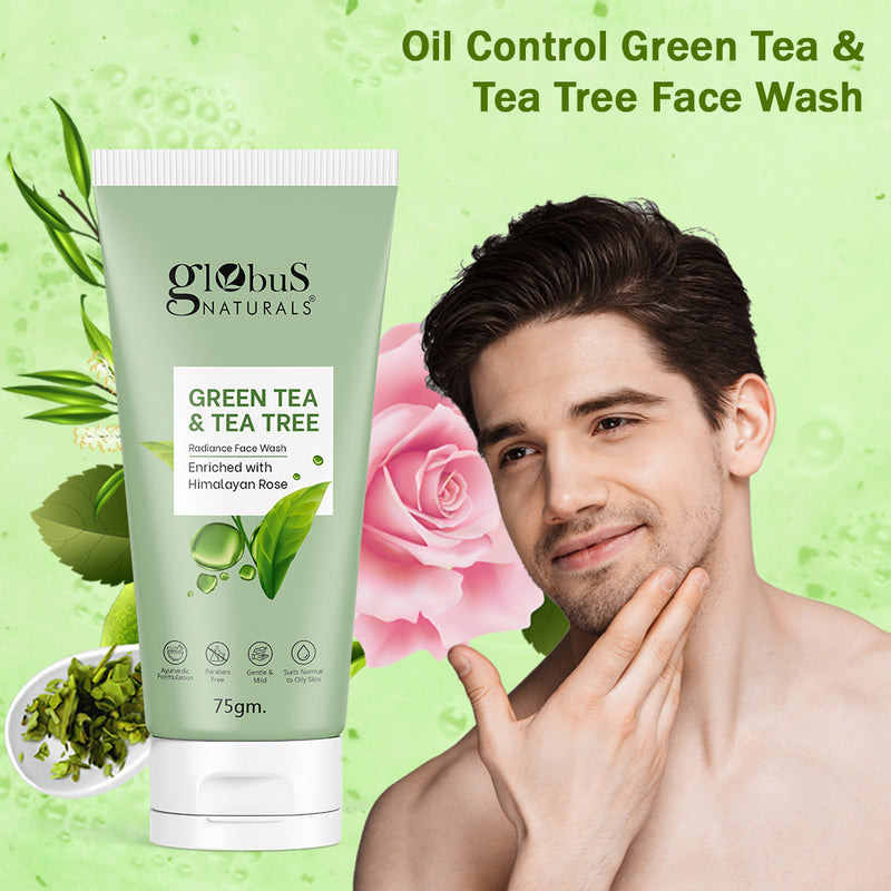 Green Tea & Tea Tree Radiance Face Wash, Enriched with Himalayan Rose, Ayurvedic Preparation, Paraben Free, Gentle & Mild, Suitable for Normal to Oily Skin, 75 gm