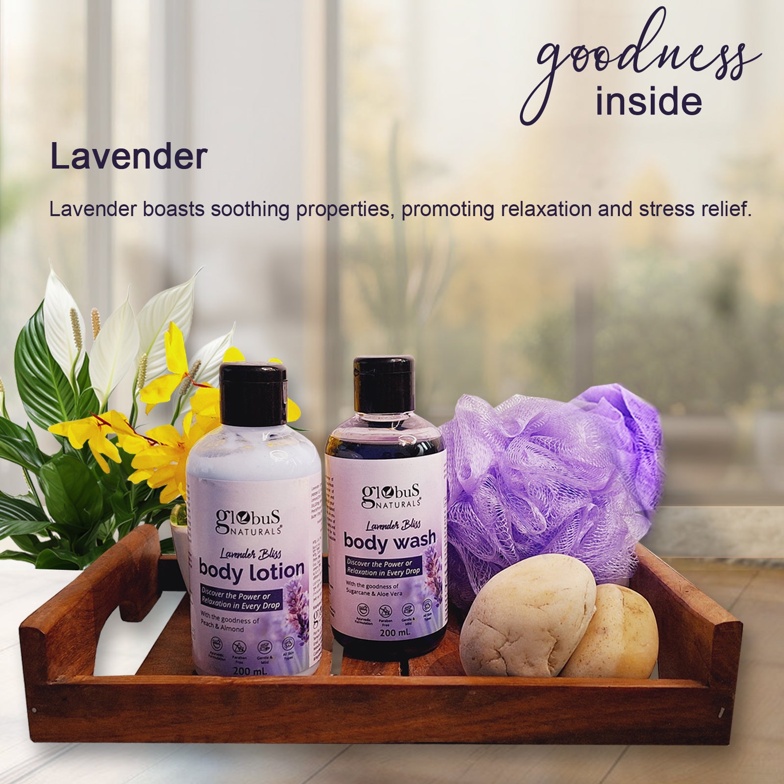 Globus Naturals Mother&#39;s Glow &amp; Skin Nourishment Gift Box Set of 2- Lavender Body Lotion and Body Wash with loofah