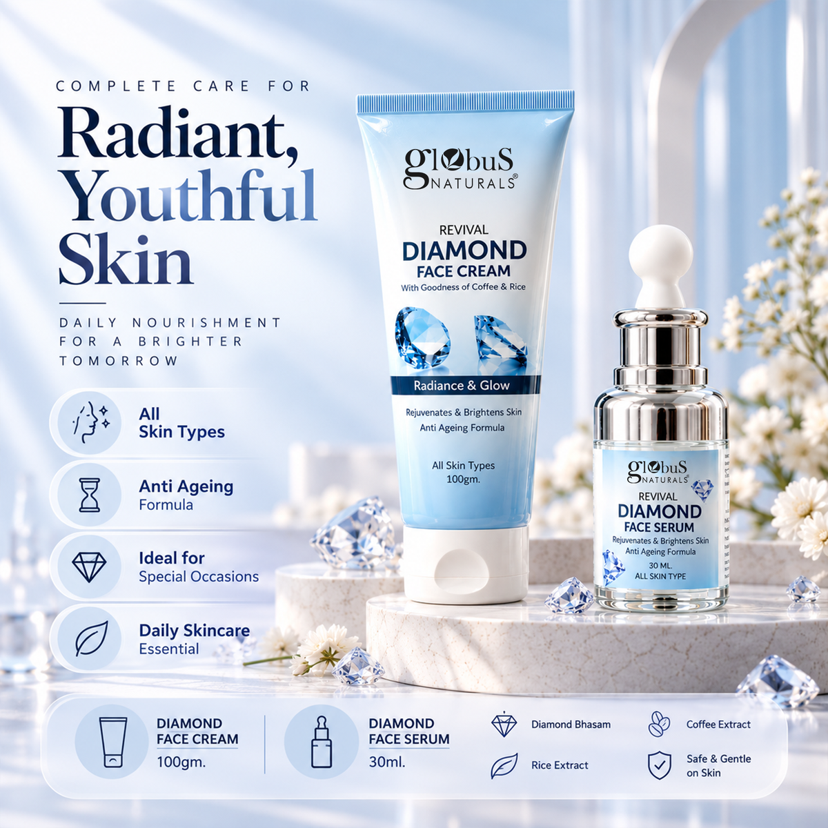 Diamond Radiance Duo, Face Cream &amp; Serum for Luminous Glow, Deep Hydration &amp; Smooth, Radiant-Looking Skin for Men &amp; Women