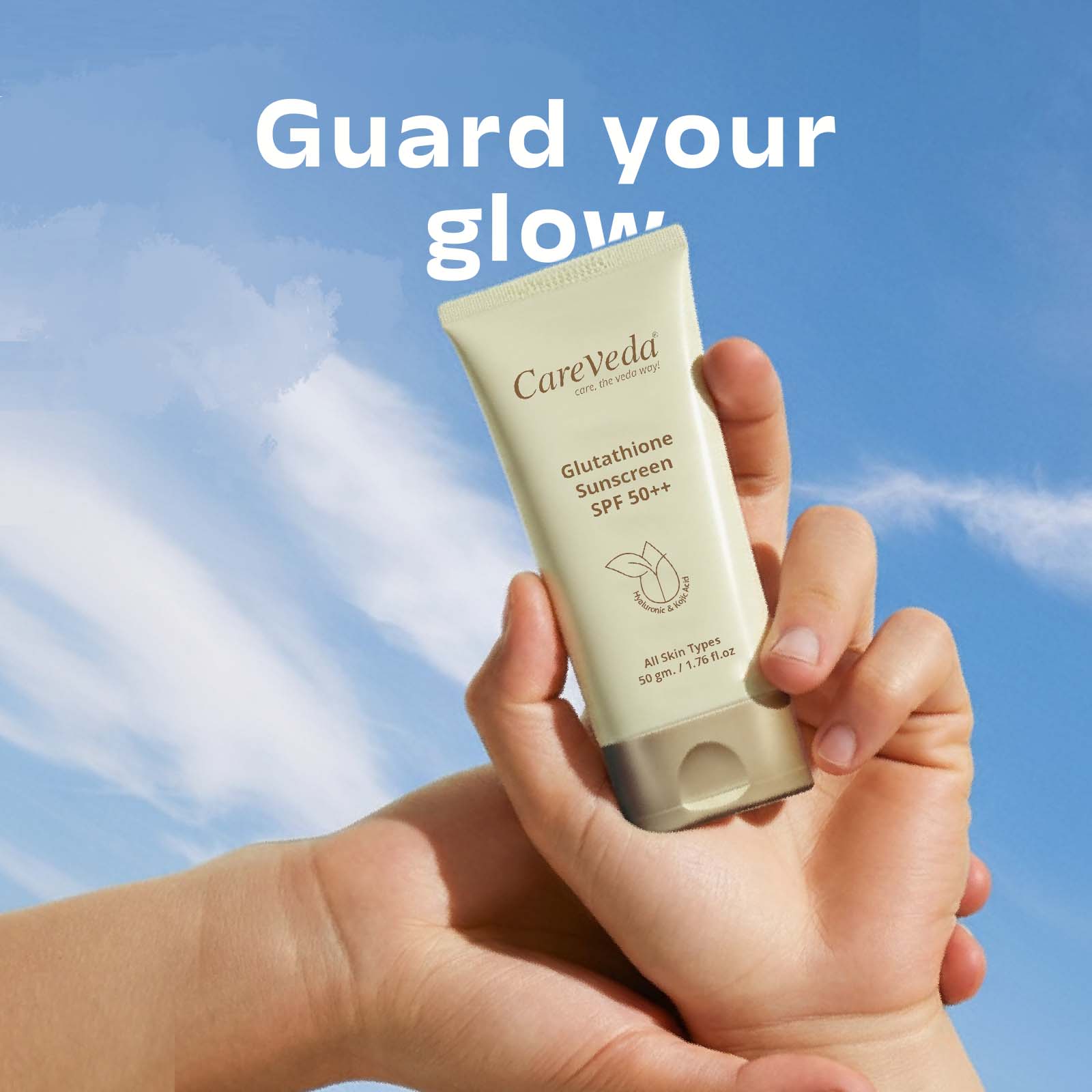 CareVeda Glutathione Sunscreen SPF 50++ Enriched with Hyaluronic & Kojic Acid For All Skin Types 50gm CareVeda Glutathione Sunscreen SPF 50++ Enriched with Hyaluronic & Kojic Acid For All Skin Types 50gm
