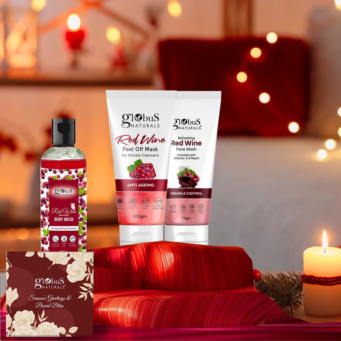 Globus Naturals Women&#39;s Day Scarlet Selections Red Wine Gift Box Set of 4, Box includes - Red Wine Body Wash 100ml, Face Wash 75 gm &amp; Peel off Mask 100gm &amp; Chocolate box