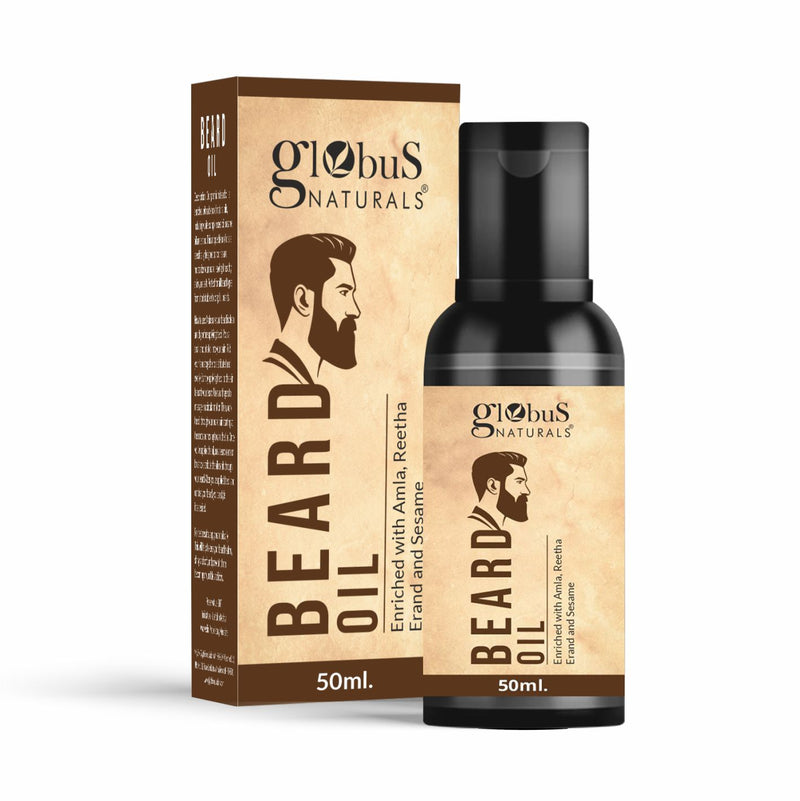 Globus Naturals Beard Oil, Enriched With Amla Reetha Erand & Sesame Oil, NAtural Ingredients, Safe & Effective, Suitable For All Hair & Skin Types, 50 ml