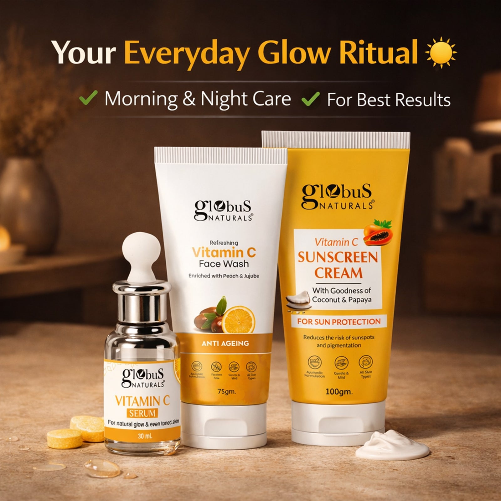 Vitamin C Skincare Combo For Brightening, Anti-Dullness &amp; Sun Protection 225gm