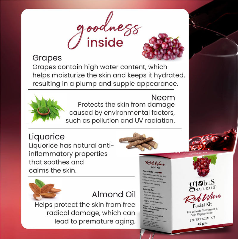 Globus Naturals Anti-Ageing Red Wine 6 Step Facial Kit, For Reducing Fine Lines & Wrinkles, Suitable For All Skin Types, 40gm