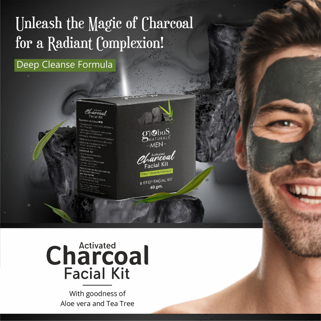 Globus Naturals Anti-Pollution Charcoal Men 6 Step Facial Kit, For Oil Control & Blackhead Removal, Suitable For Oily & Acne Prone Skin, 40gm