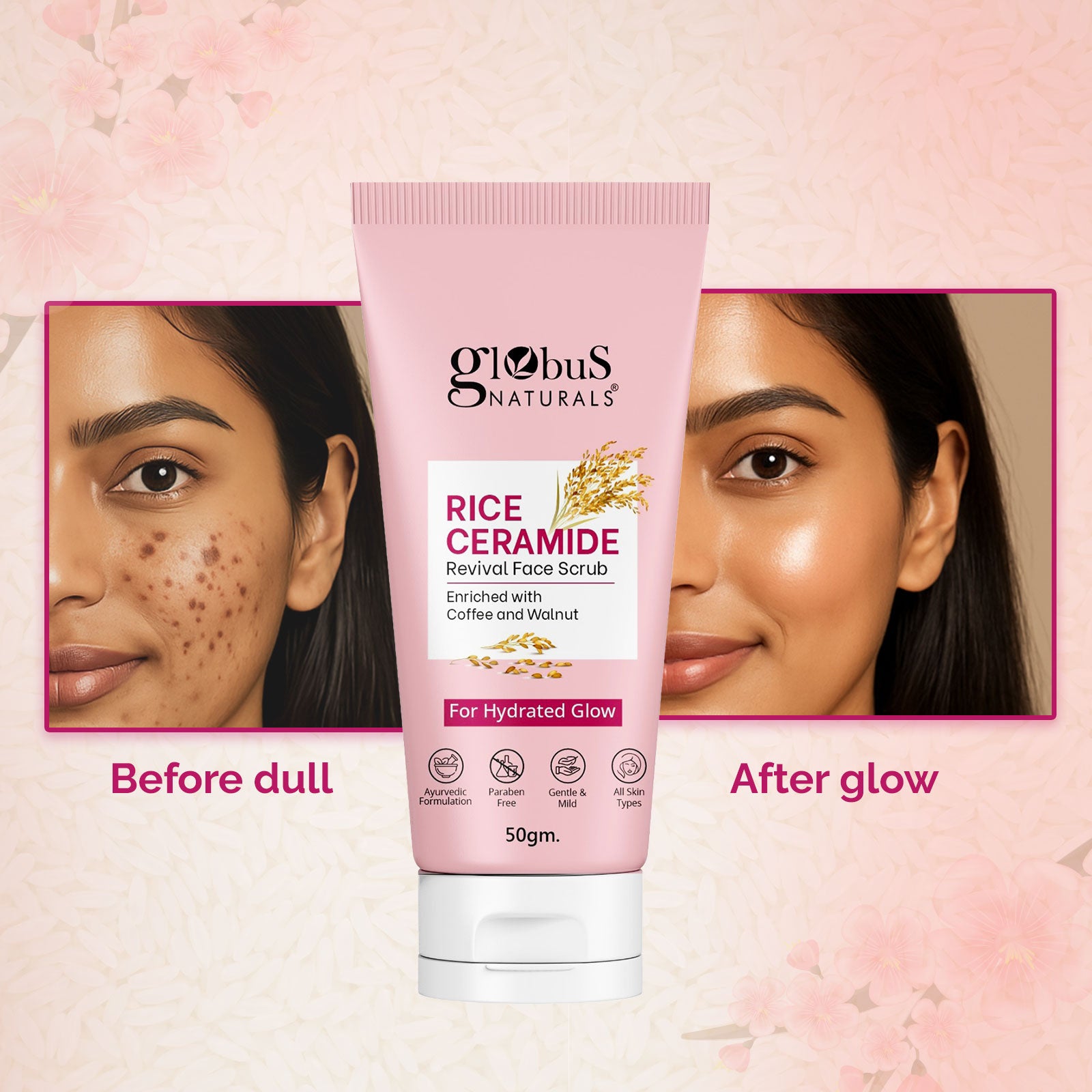 Globus Naturals Rice Ceramide Revival Scrub For Hydrated Glow Skin, Enriched With Coffee &amp; Wallnut, Suitable for All Skin Types 50gm
