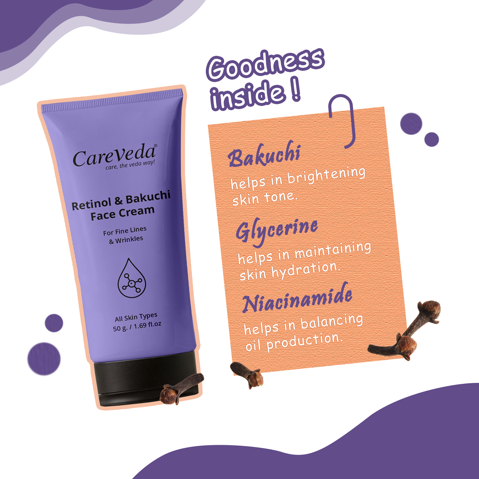 CareVeda Retinol &amp; Bakuchi Face Cream For Fine Lines &amp; Wrinkles Suitable For All Skin Types 50gm