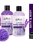 Globus Naturals Lavender Body Lotion 200 ml & Body Wash 200 ml Skincare Combo with Loofa