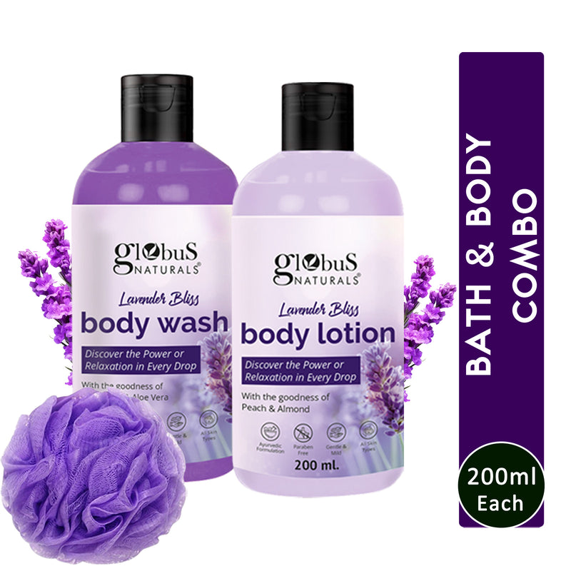Globus Naturals Lavender Body Lotion 200 ml & Body Wash 200 ml Skincare Combo with Loofa