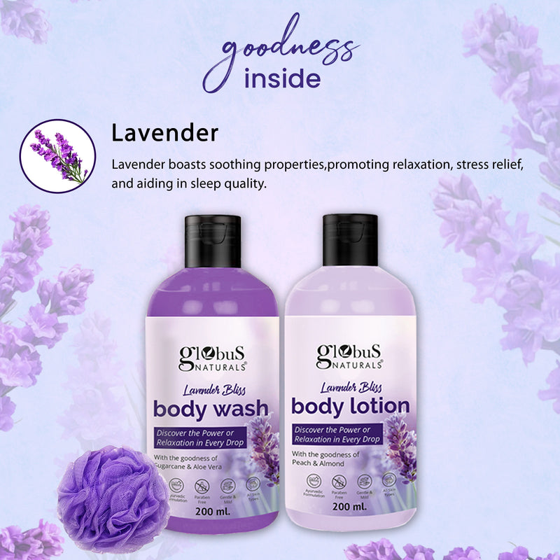 Globus Naturals Lavender Body Lotion 200 ml & Body Wash 200 ml Skincare Combo with Loofa