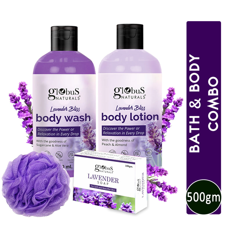 Globus Naturals Lavender Body Lotion 200 ml, Soap 100 gm & Body Wash 200 ml Skincare Combo with Loofa