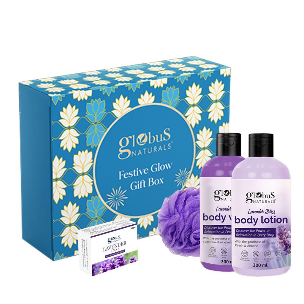 Globus Naturals Lavender Love Skincare Gift Box -  Body Lotion 200 ml, Soap Bar 100 gm & Body Wash 200 ml with Loofa