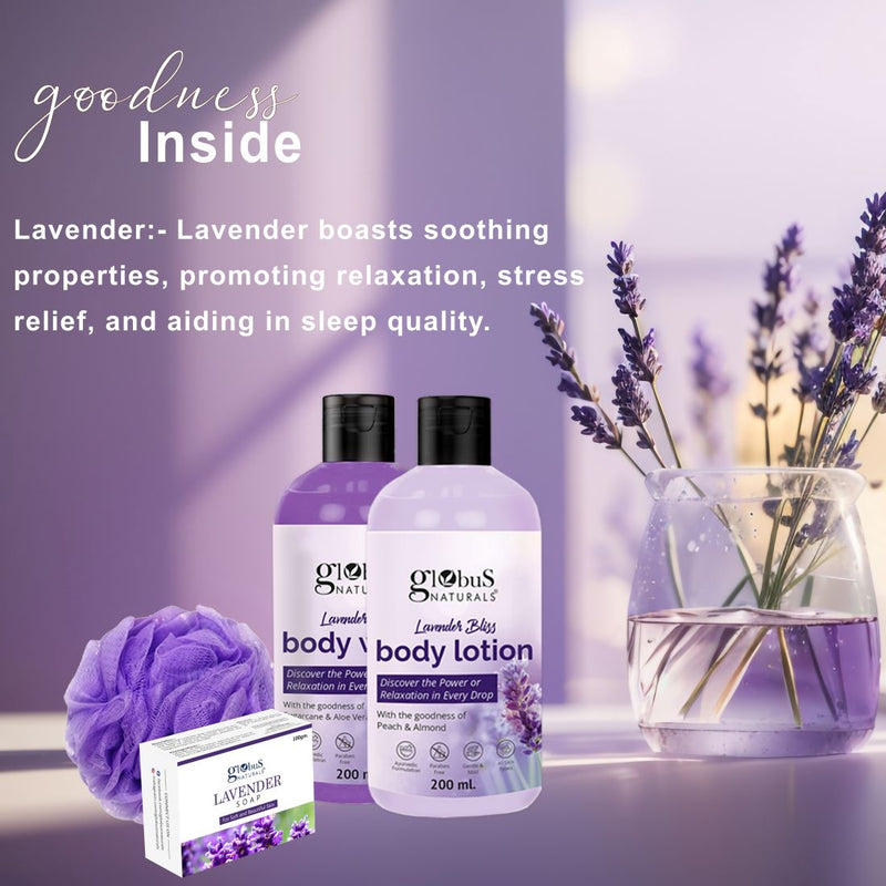 Globus Naturals Lavender Love Skincare Gift Box -  Body Lotion 200 ml, Soap Bar 100 gm & Body Wash 200 ml with Loofa