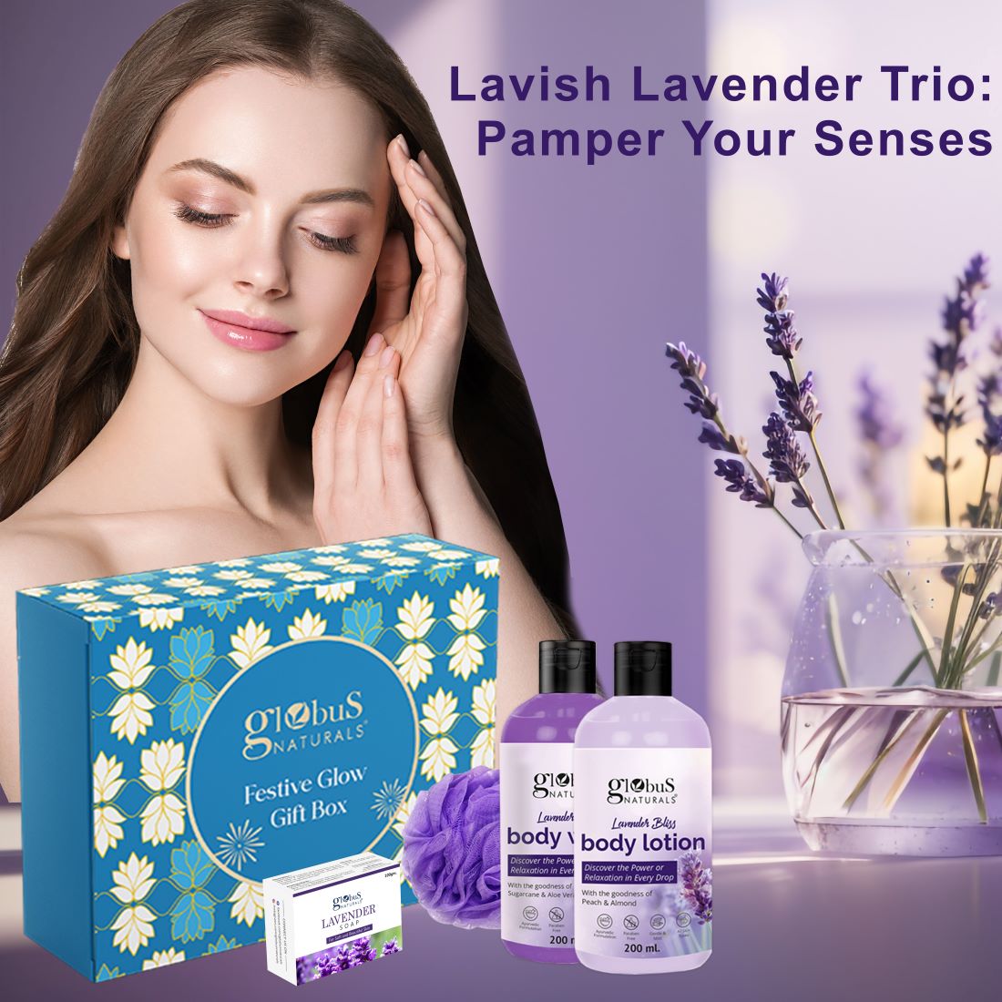 Globus Naturals Lavender Love Skincare Gift Box -  Body Lotion 200 ml, Soap Bar 100 gm &amp; Body Wash 200 ml with Loofa