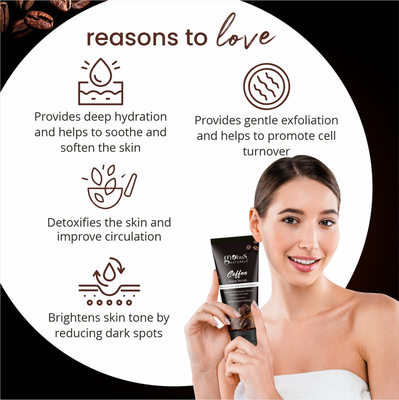Globus Naturals Coffee Face Scrub Enriched with Aloe Vera & Kokam, Removes Blackheads & Tanning, Brightens Skin Tone, Suitable For All Skin Types, 100 gms