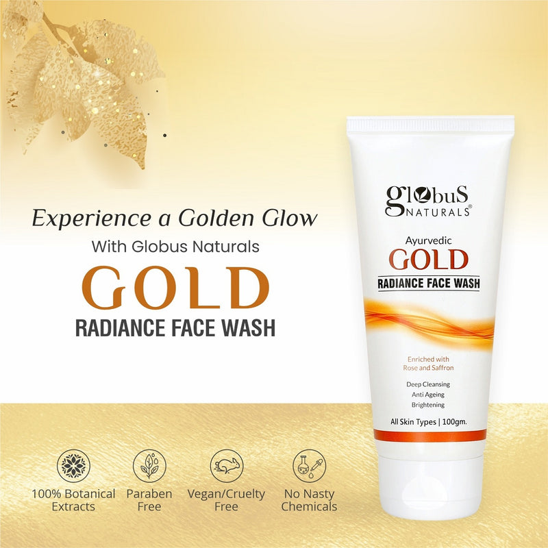 "Globus Naturals Gold Radiance Anti Ageing & Brightening Face Wash, Deep Cleansing, Anti Ageing, Brightening, Suitable For All Skin Types, 100gm