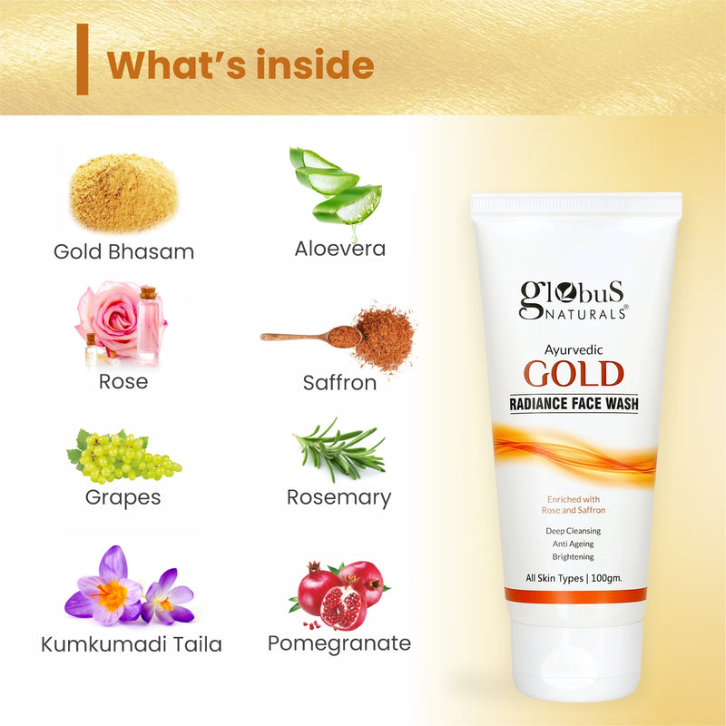 "Globus Naturals Gold Radiance Anti Ageing & Brightening Face Wash Enriched with Saffron & Rose, Deep Cleansing, Anti Ageing, Brightening, Suitable For All Skin Types, 100gm
