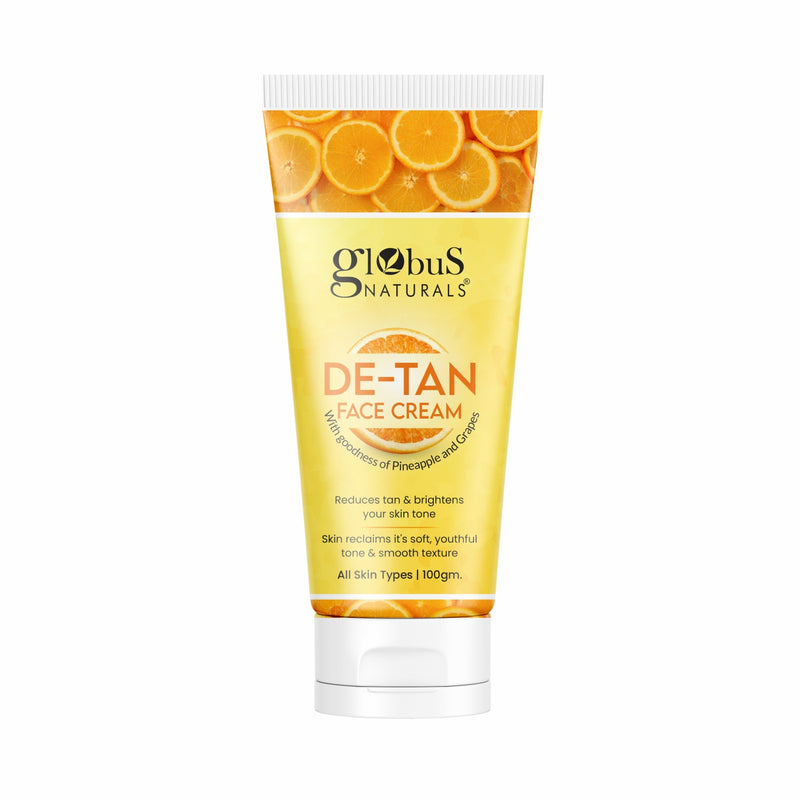 Globus Naturals De Tan Face Cream, Enriched with Pineapple & Grapes, Tan Removal, Anti Pollution & Oil Control Formula, Chemical Free, Cruelty Free, Suitable For All Skin Types, 100 gm