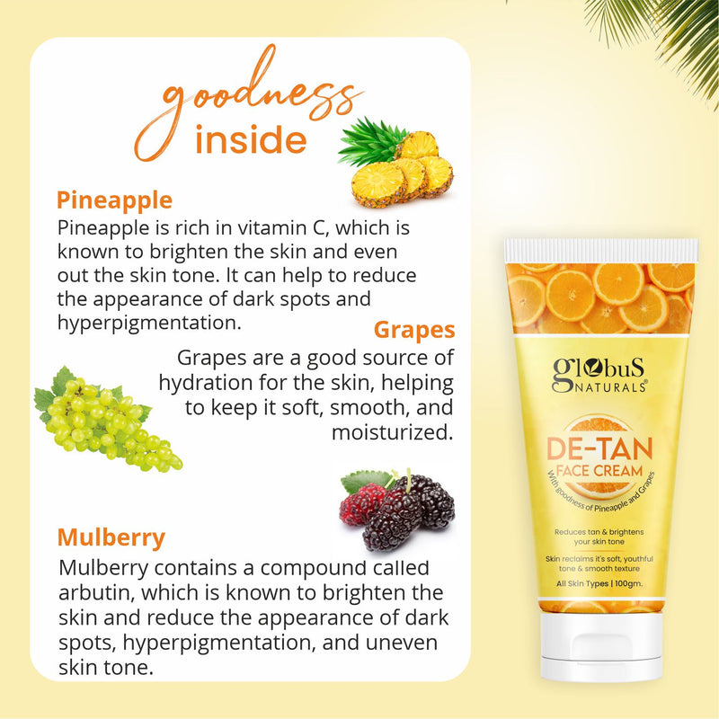 Globus Naturals De Tan Face Cream, Enriched with Pineapple & Grapes, Tan Removal, Anti Pollution & Oil Control Formula, Chemical Free, Cruelty Free, Suitable For All Skin Types, 100 gm