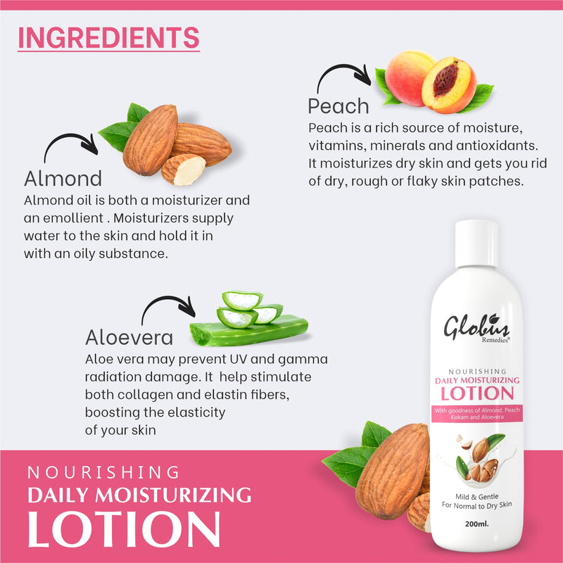 Globus Remedies Nourishing & Daily Moisturizing Body Lotion, For Silky Smooth Skin, With Goodness of Almond, AloeVera & Peach & Kokum Butter, 200ml