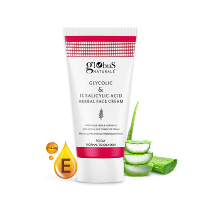 Globus Naturals glycolic and salicylic acid anti-acne face cream in a 50g jar, oil control moisturizer for oily, acne-prone skin.