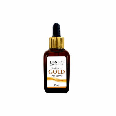 Globus Naturals Gold Radiance face serum with natural ingredients, featuring a dropper and gold-toned packaging for glowing skin.