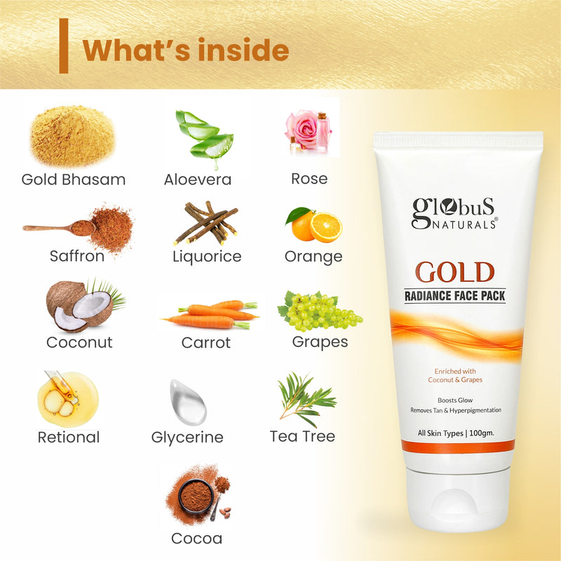 Globus Naturals Gold Radiance Anti Ageing & Brightening Face Pack Enriched with Saffron, Liquorice & Walnut, Fights Premature Ageing, Boosts Glow, Provides Deep Exfoliation, All Skin Types, 100 gms