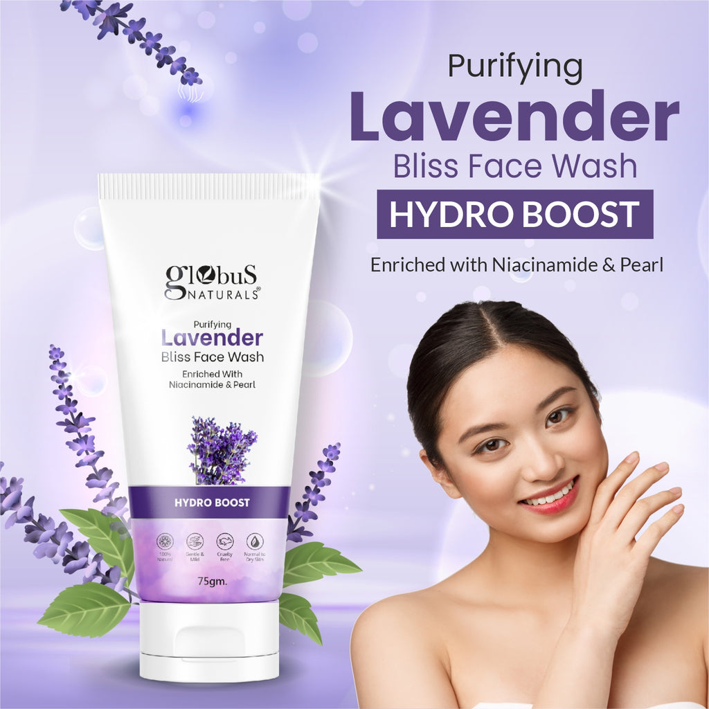 Globus Naturals Purifying Lavender Face Wash, Enriched With Niacinamide & Pearl, Hydro Boost Formula, Natural, Gentle & Mild, Suitable Normal to Dry Skin, 75 gm