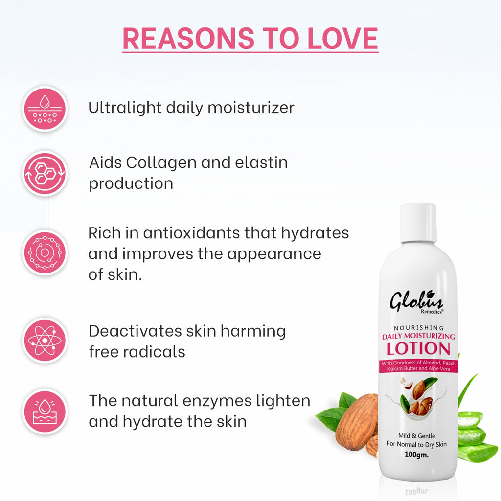 Globus Remedies Nourishing & Daily Moisturizing Body Lotion, For Silky Smooth Skin, With Goodness of Almond, Aloe Vera & Peach & Kokum Butter, 100ml