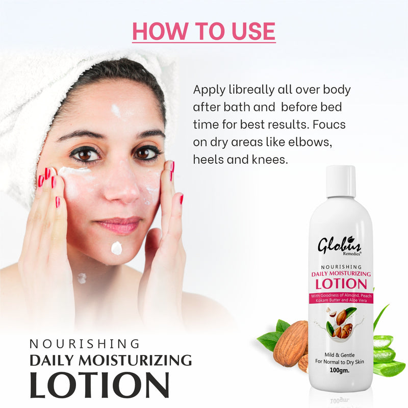 Globus Remedies Nourishing & Daily Moisturizing Body Lotion, For Silky Smooth Skin, With Goodness of Almond, Aloe Vera & Peach & Kokum Butter, 100ml