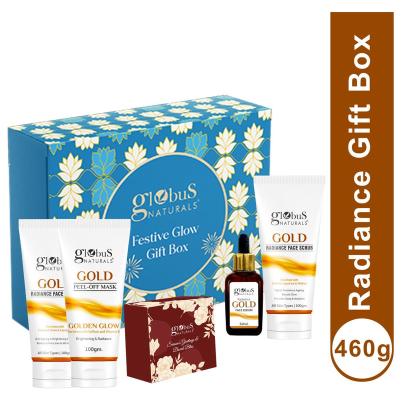 Globus Naturals Gold Radiance Skincare Gift Box - Face Wash 100 ml, Face Scrub 100 gm, Peel Off Mask 100 ml, Face Serum 30 ml with Chocolate Box