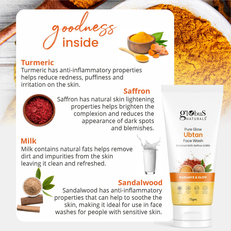 Globus Naturals Pure Glow Ubtan Face Wash, Enriched With Saffron & Milk, For Radiance & GLow, Natural, Gentle & Mild, Suitable For All Skin Types, 75 gm