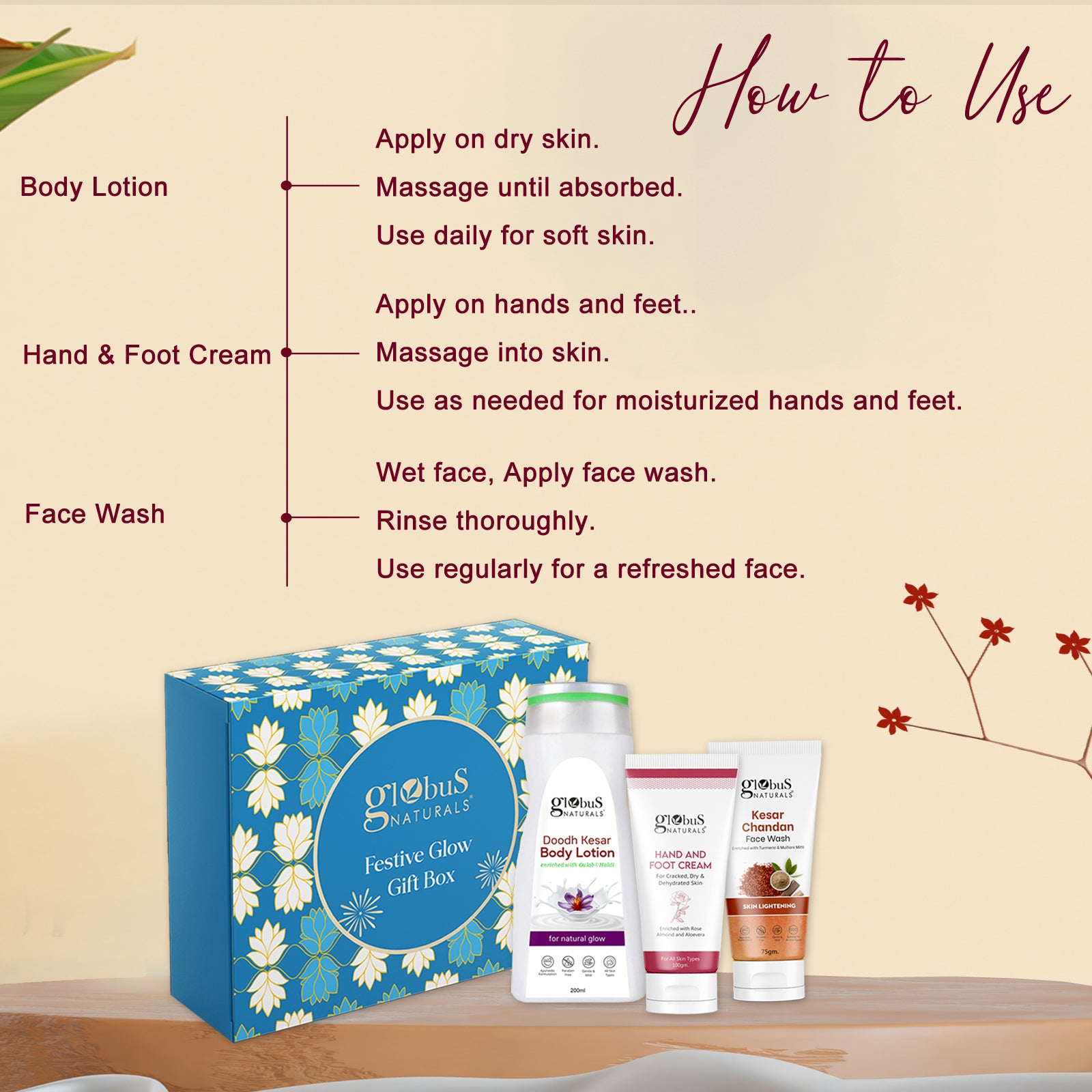 Globus Naturals Winter Care Gift Box - Doodh Kesar Body Lotion 200 ml, Hand &amp; Foot Cream 100 gm, Kesar Chandan Face Wash 75gm