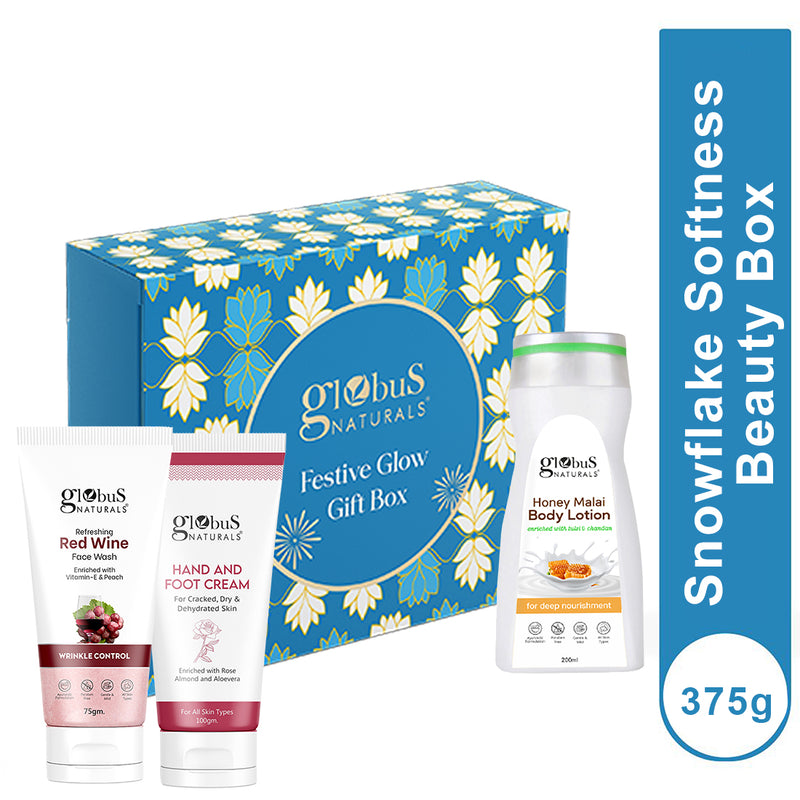 Globus Naturals Winter Care Gift Box - Honey Malai Body Lotion 200 ml, Hand & Foot Cream 100 gm, Red Wine Face Wash 75gm,
