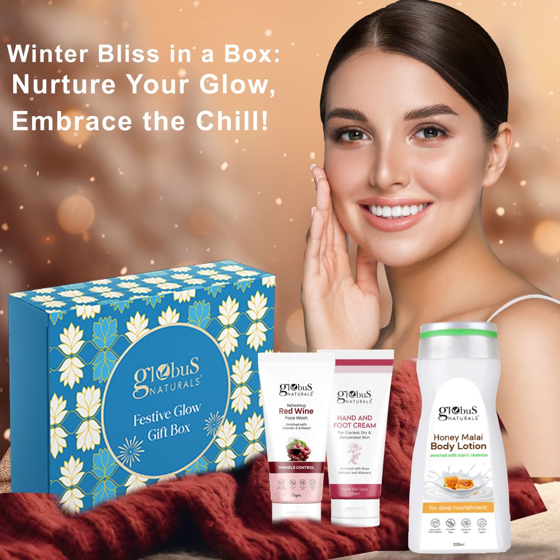 Globus Naturals Winter Care Gift Box - Honey Malai Body Lotion 200 ml, Hand &amp; Foot Cream 100 gm, Red Wine Face Wash 75gm,