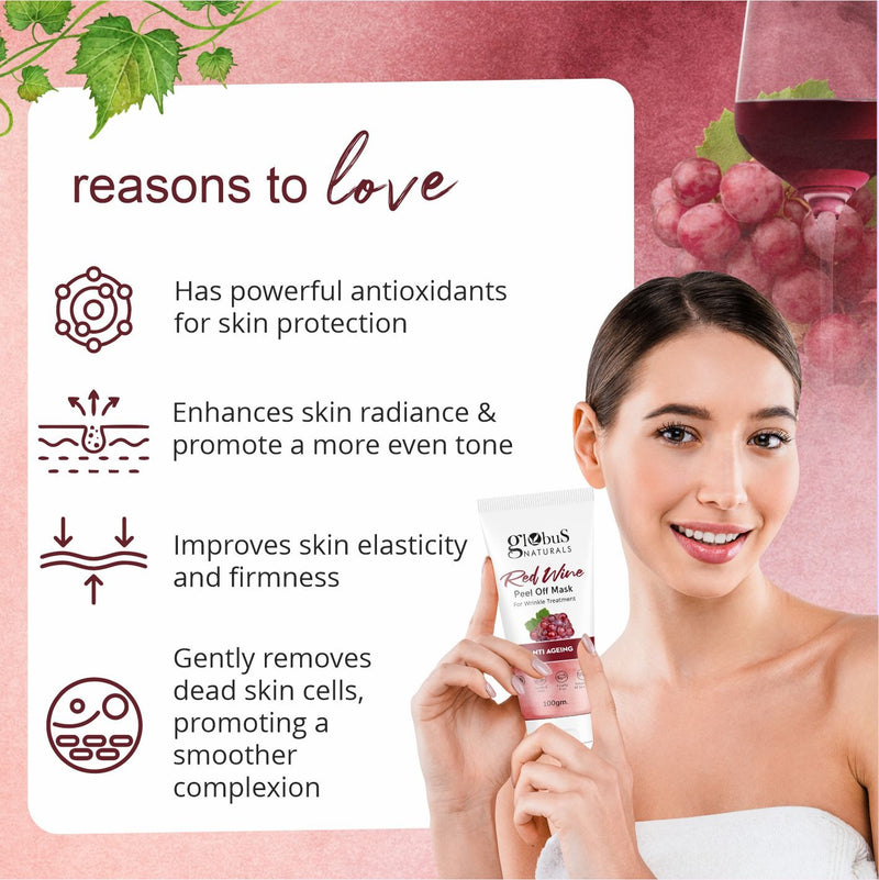 Globus Naturals Red Wine Peel off Mask for Wrinkle Treatment, Anti ageing Formula, Suitable for All Skin Types, 100gm
